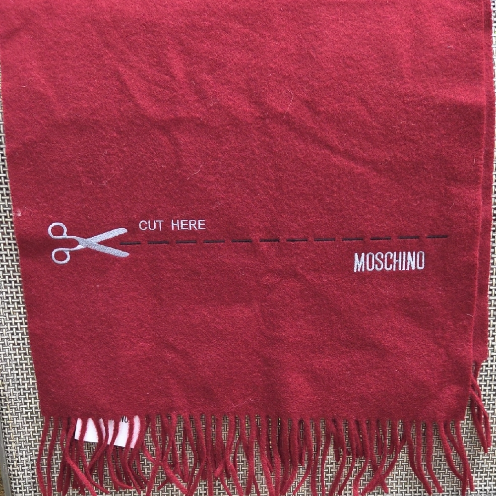 Moschino Burgundy Scarf with Fringe and Cut Design
